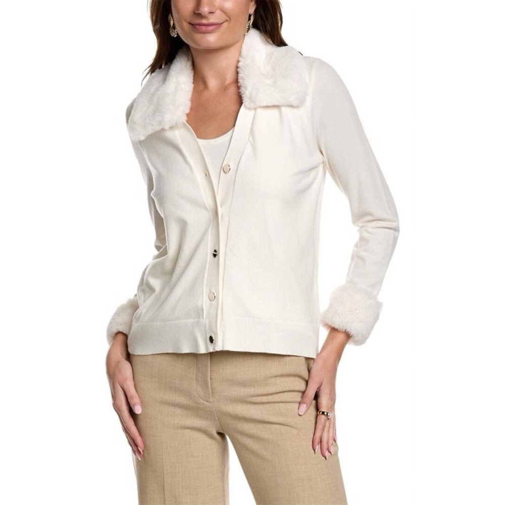 NWT! Anne Klein Women's Faux Fur Trim Cardigan Size: L